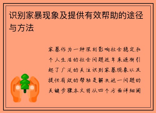 识别家暴现象及提供有效帮助的途径与方法