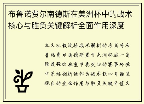 布鲁诺费尔南德斯在美洲杯中的战术核心与胜负关键解析全面作用深度